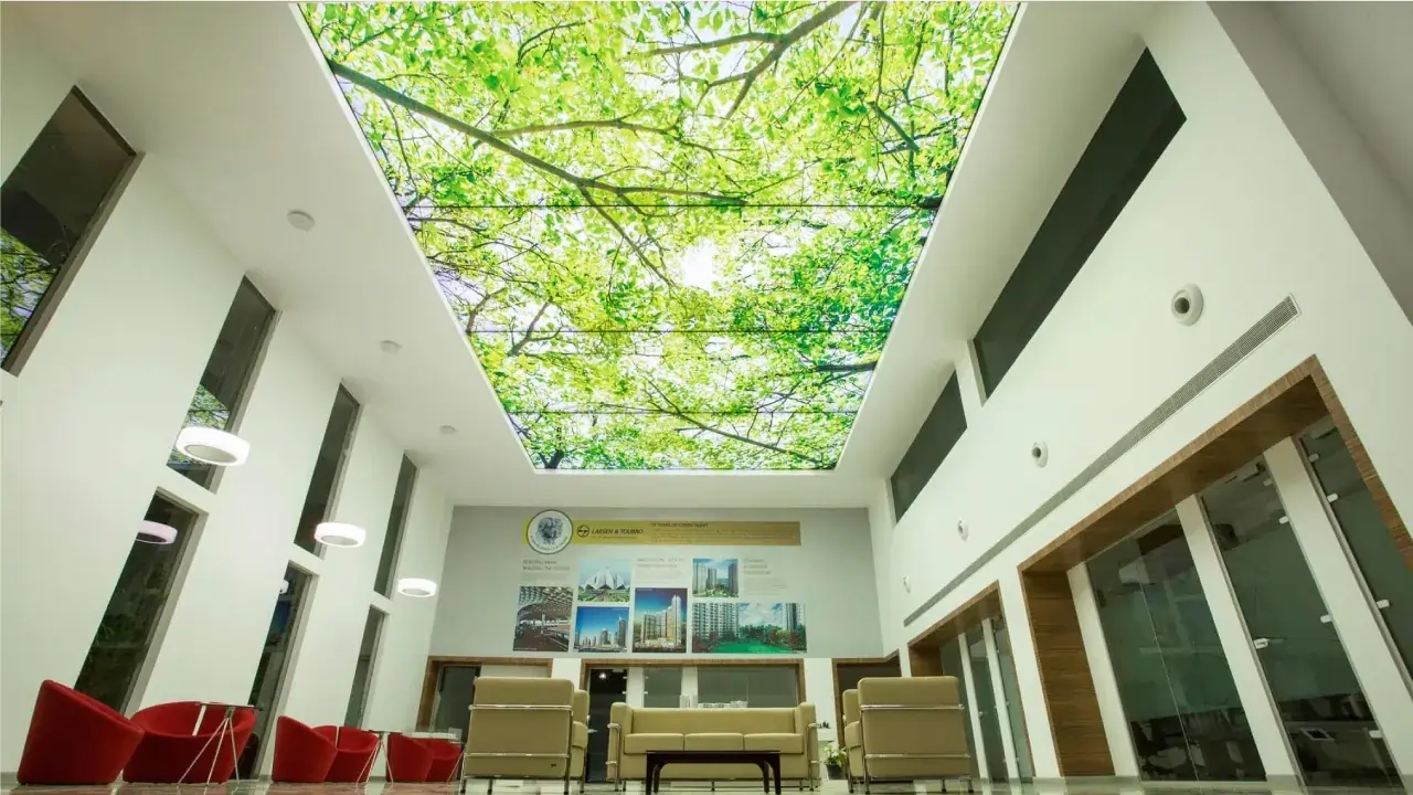 acoustic stretch ceiling with linear led strip design for sound absorption.