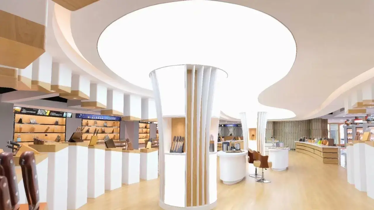 curved white stretch ceiling showroom interior