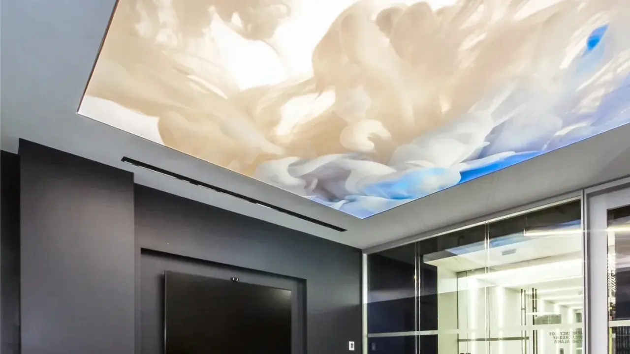 printed acoustic stretch ceiling with artistic cloud design in bangkok