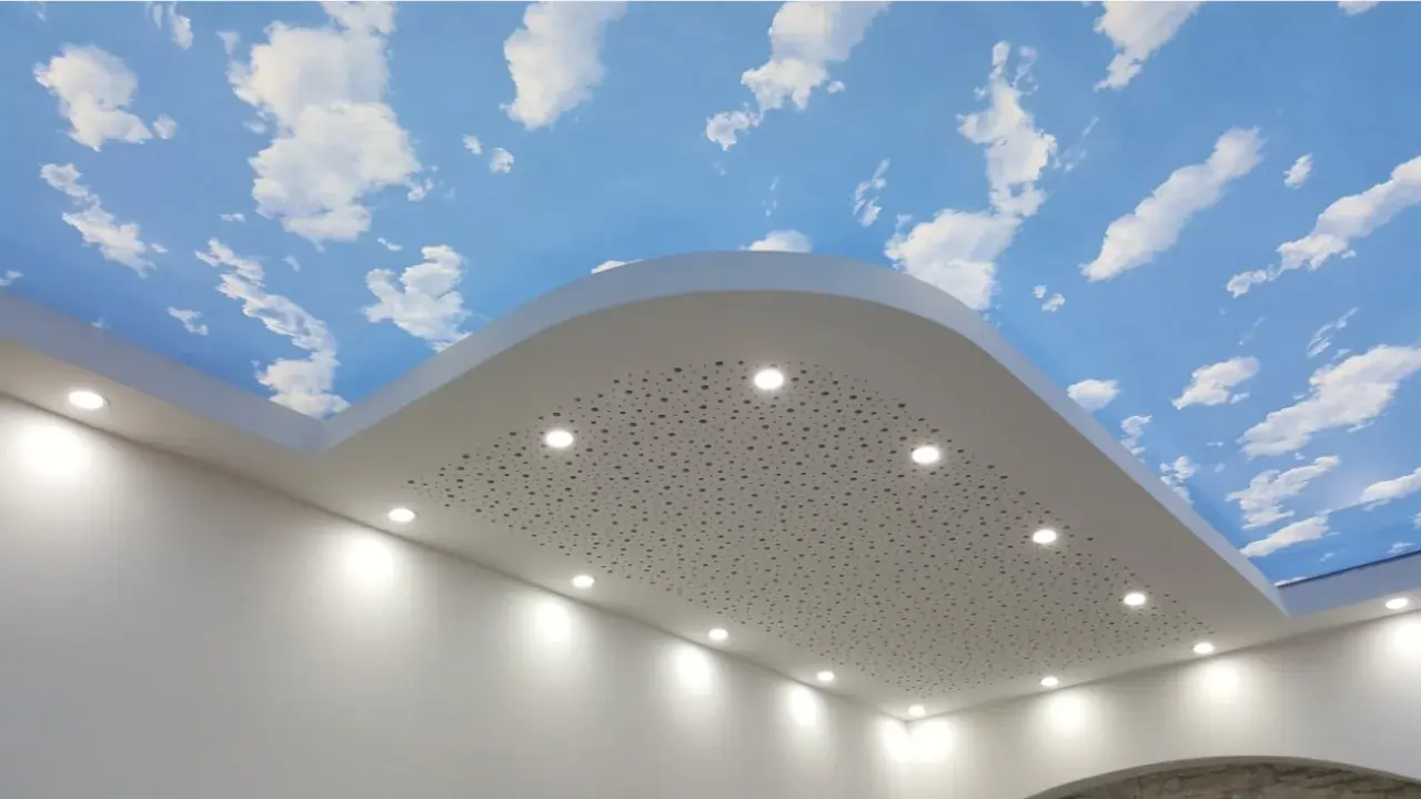 stretch ceiling printed with blue sky and white clouds