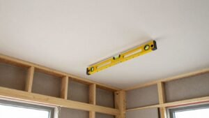Tools and drywall near unfinished ceiling installation.