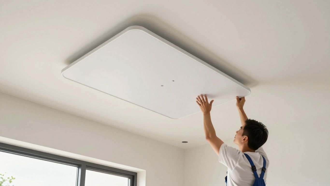 Contractor installing a ceiling in a Thai home.