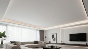 Modern Bangkok living room with a smooth, white stretch ceiling.