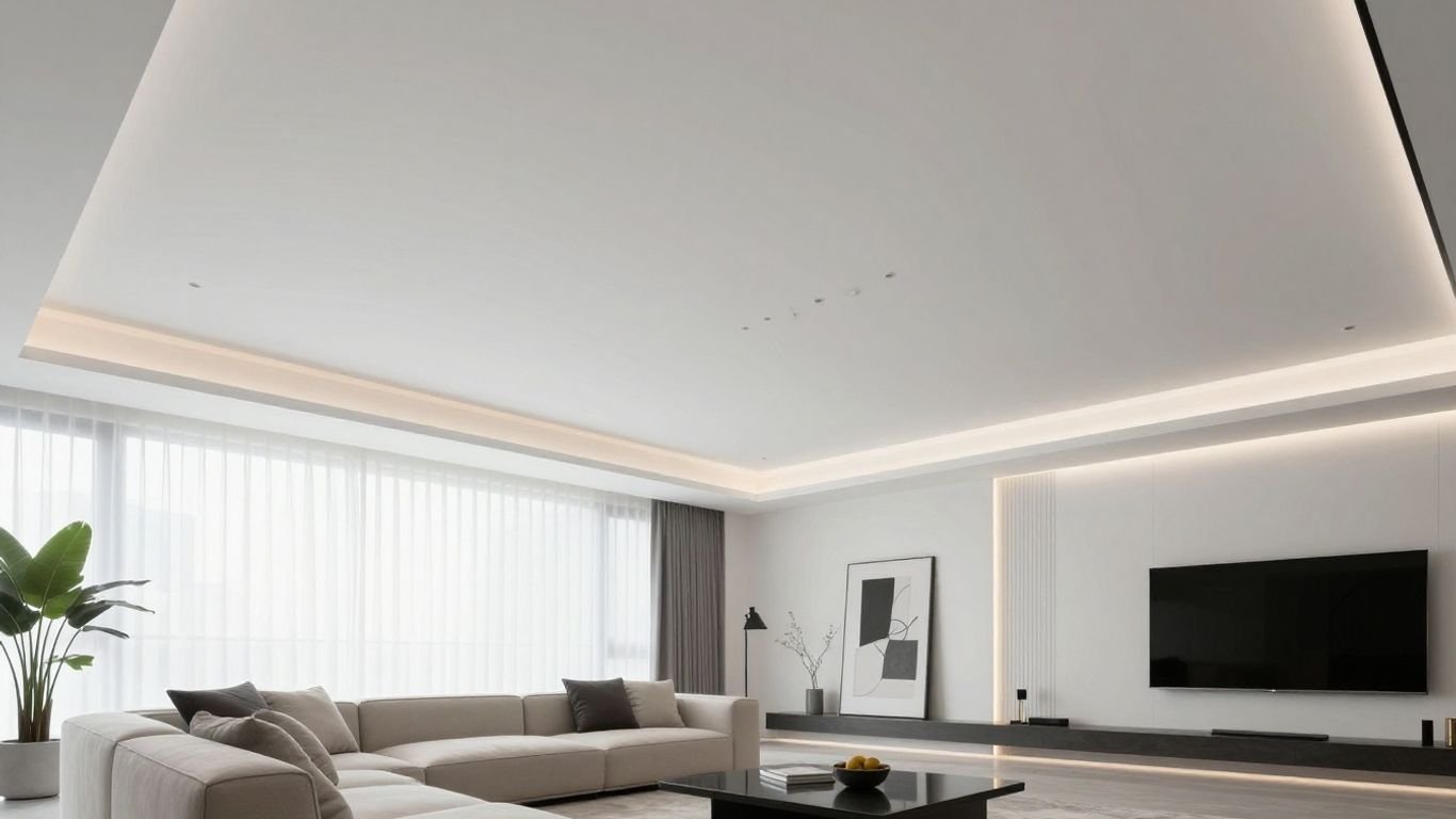 Modern Bangkok living room with a smooth, white stretch ceiling.